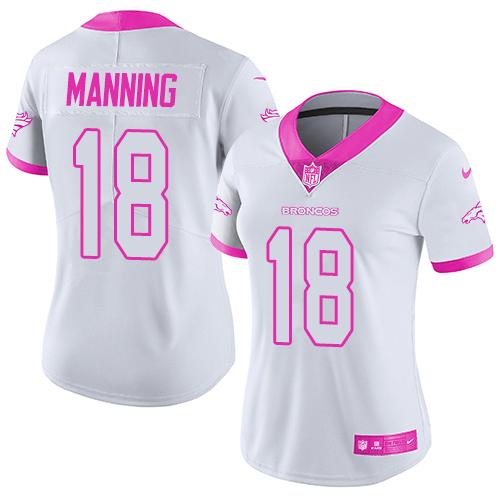 Nike Broncos #18 Peyton Manning White/Pink Women's Stitched NFL Limited Rush Fashion Jersey